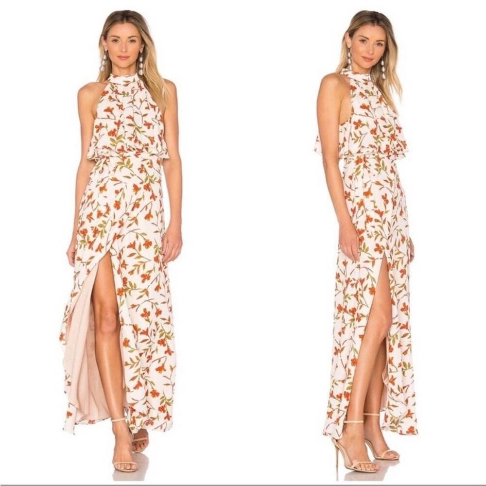 Lovers + Friends Golden Ray Palm Print Halter Maxi Dress Size XS Side Slit Hem